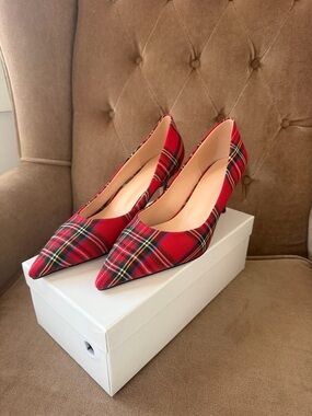Red Plaid Pointed-Toe Women's Kitten Heels